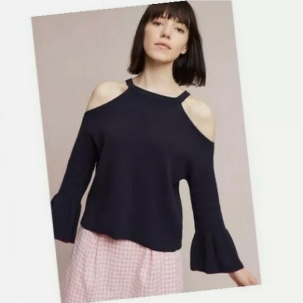 Anthropologie Knitted & Knotted Cold Shoulder Navy Sweater